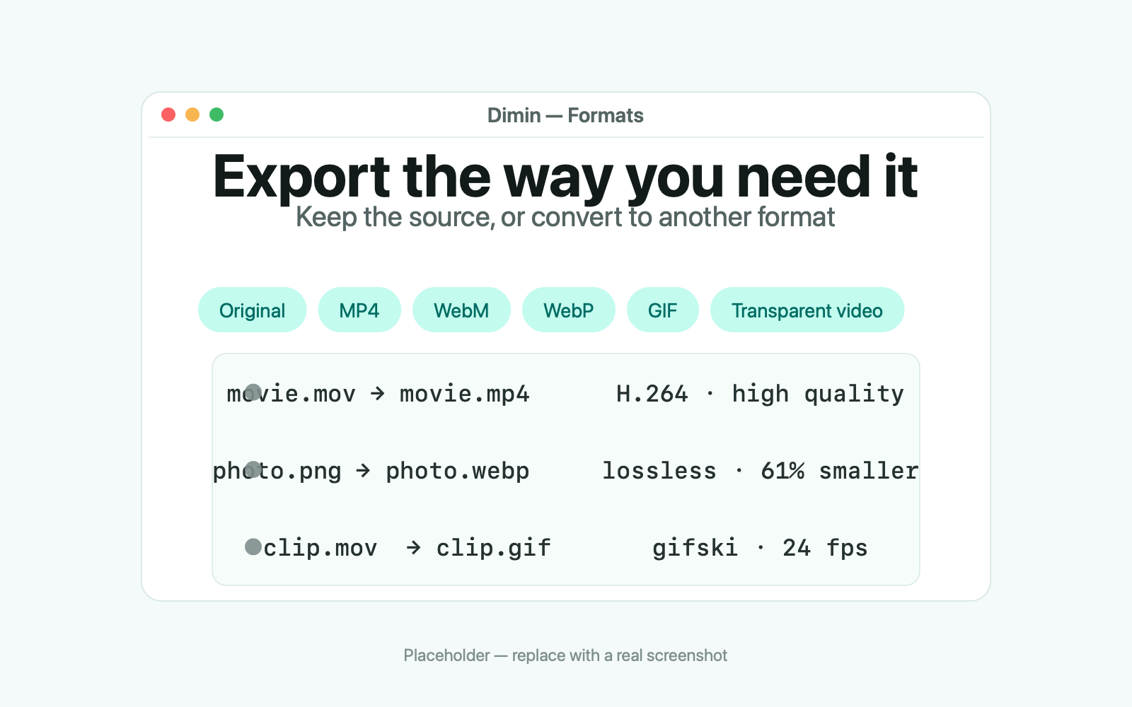 Dimin format and export options